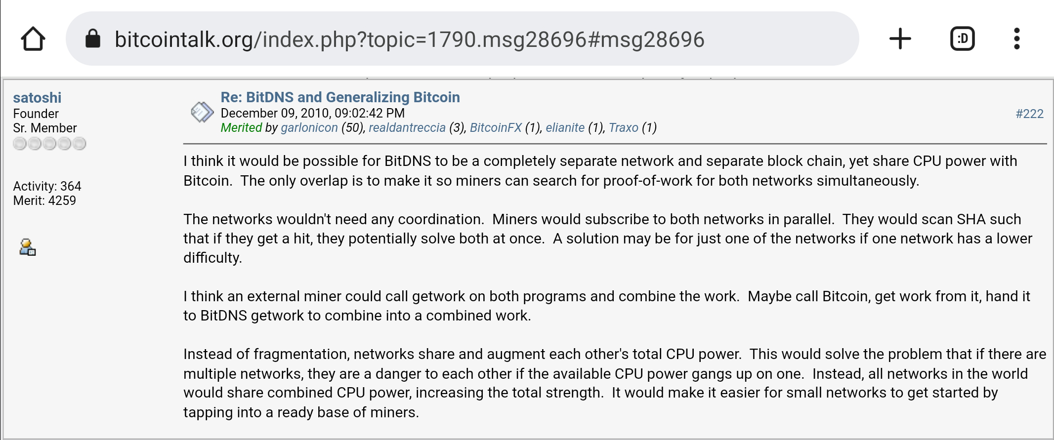 Satoshi Nakamoto contibuting on Bitcointalk to BitDNS