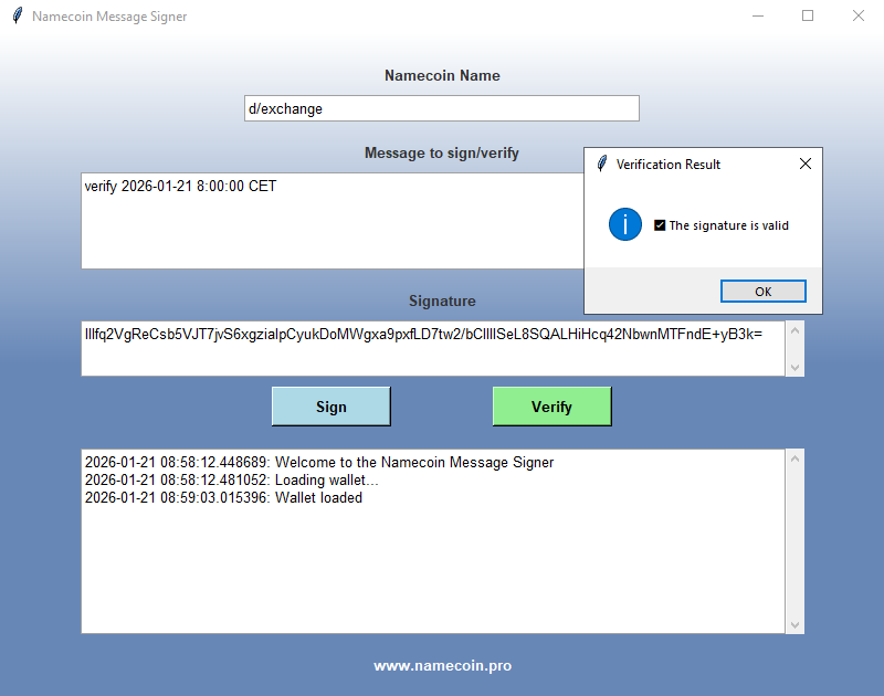 Namecoin Message Signer - verifying a signature